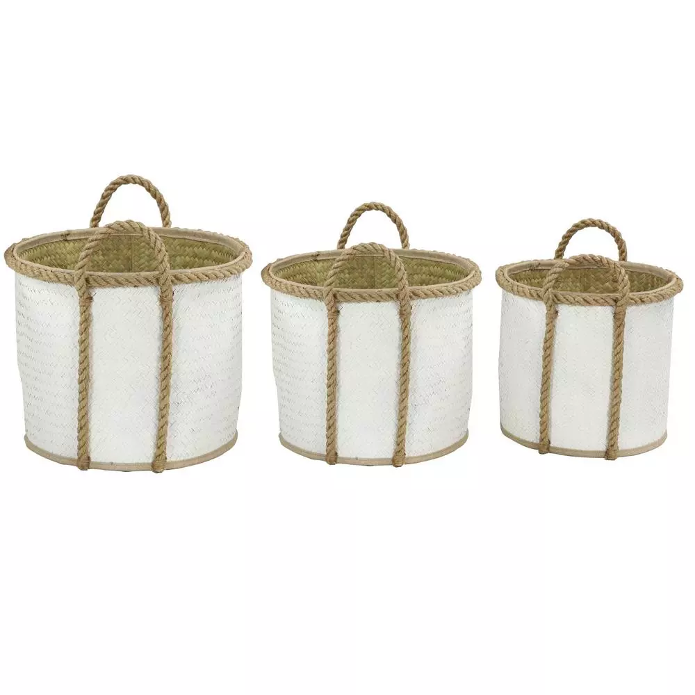LITTON LANE Set of 3 Round Palm Leaf and Rope Wicker Storage Baskets with Handles, White