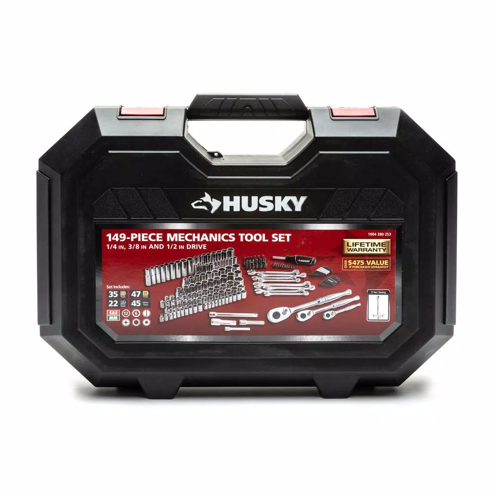 Husky 149-Piece Mechanics Tool Set with 1/4 in., 3/8 in., and 1/2 in. Drive Ratchets and Sockets