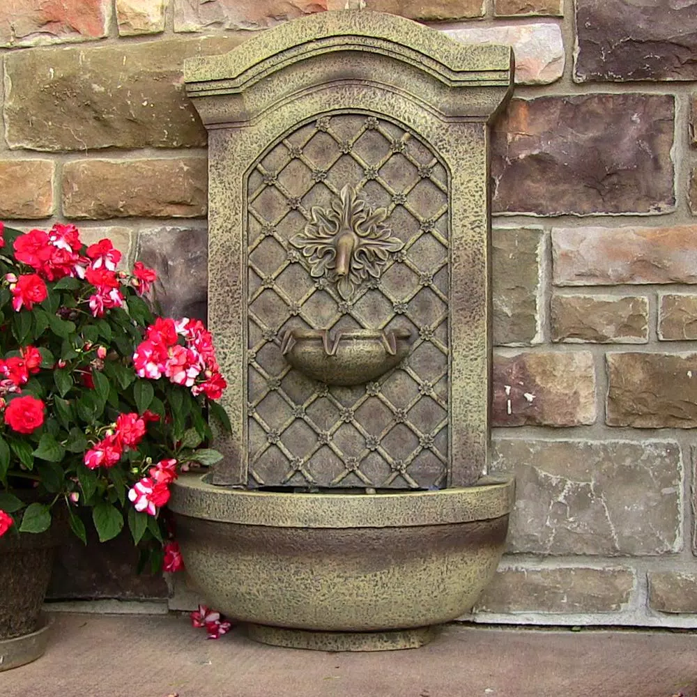 Sunnydaze Decor Rosette Leaf Florentine Stone Outdoor Wall Fountain, Gold