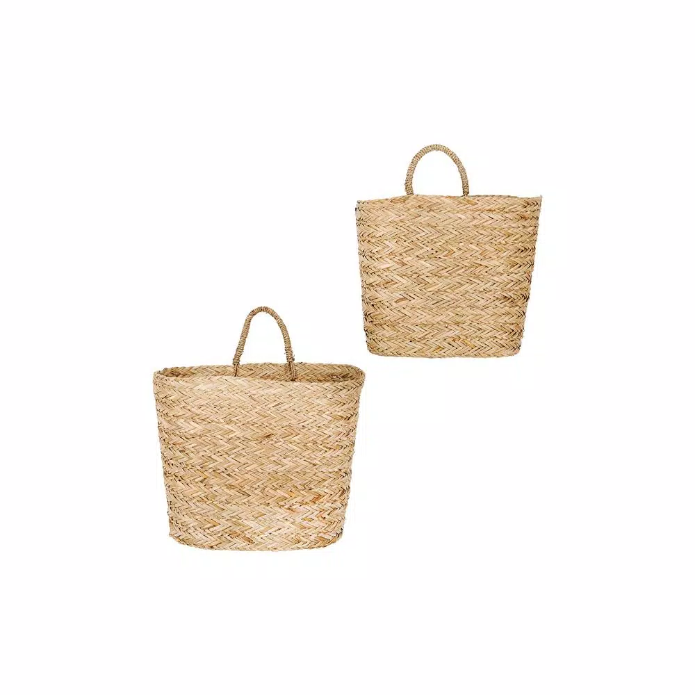 3R Studios Handwoven Seagrass Decorative Wall Baskets, Oval Wicker Storage Set of 2, Beige