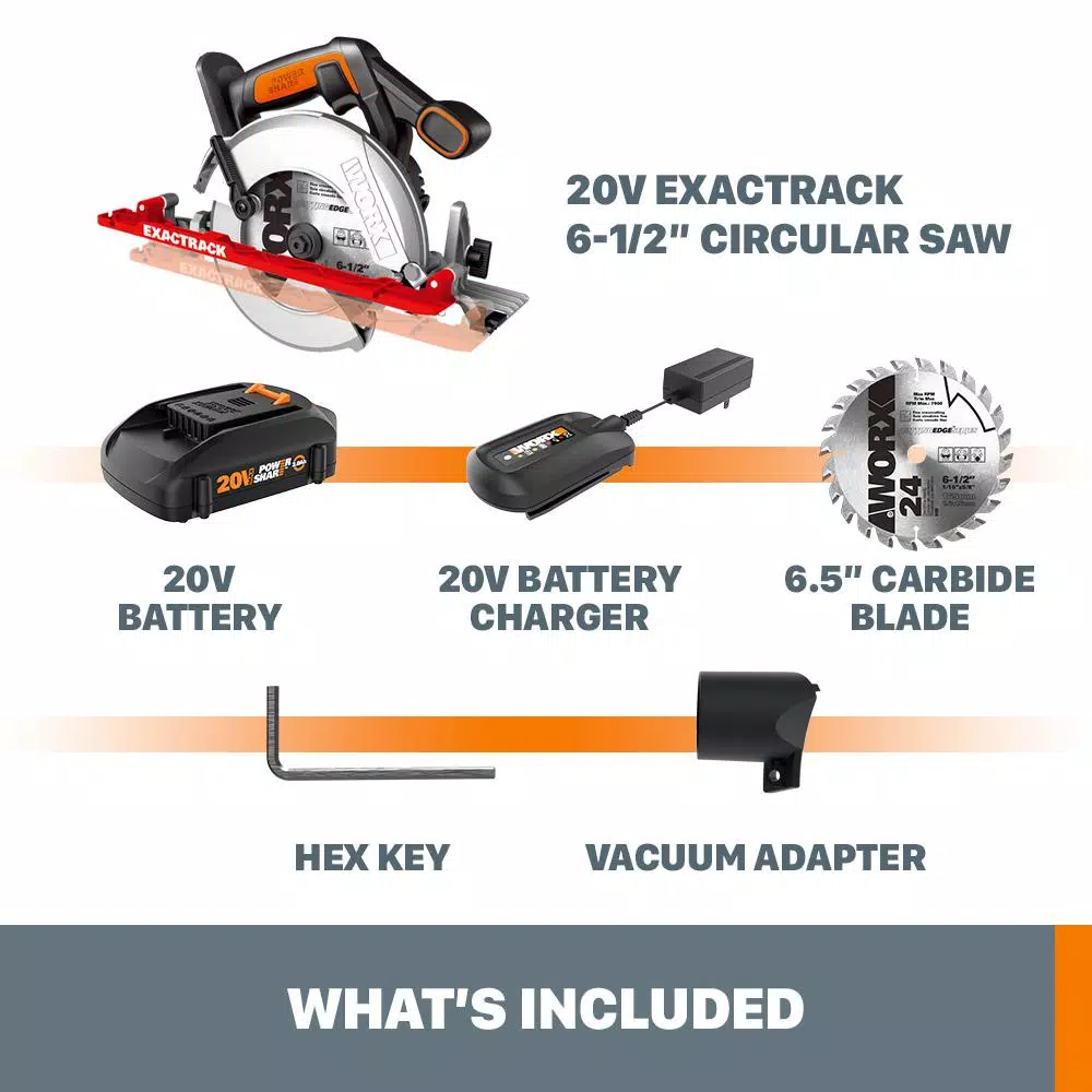 Worx 20V MAX 6-1/2 inch Cordless Circular Saw with ExacTrack, 2.0Ah Battery and Charger Included