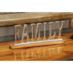 LITTON LANE 15 in. Silver Aluminum FAMILY Standing Sign with Oak Brown Mango Wood Base thumbnail 1