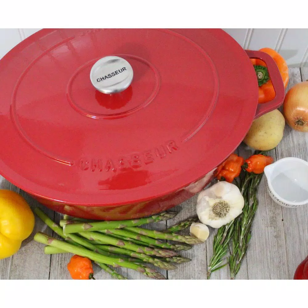 Chasseur French Enameled Cast Iron 7.25 qt. Oval Dutch Oven with Lid, Red