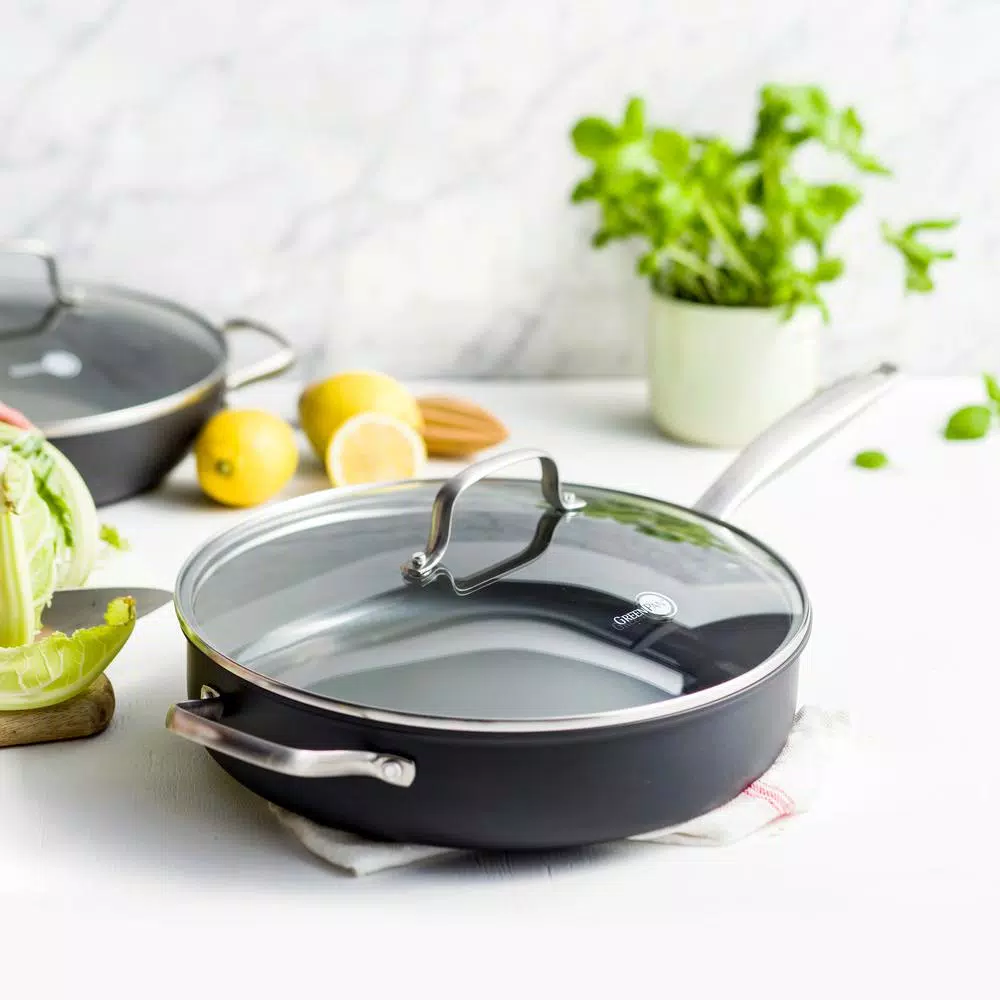 GreenPan Chatham 5 Qt. Hard-Anodized Aluminum Ceramic Nonstick Saute Pan with Glass Lid, Gray