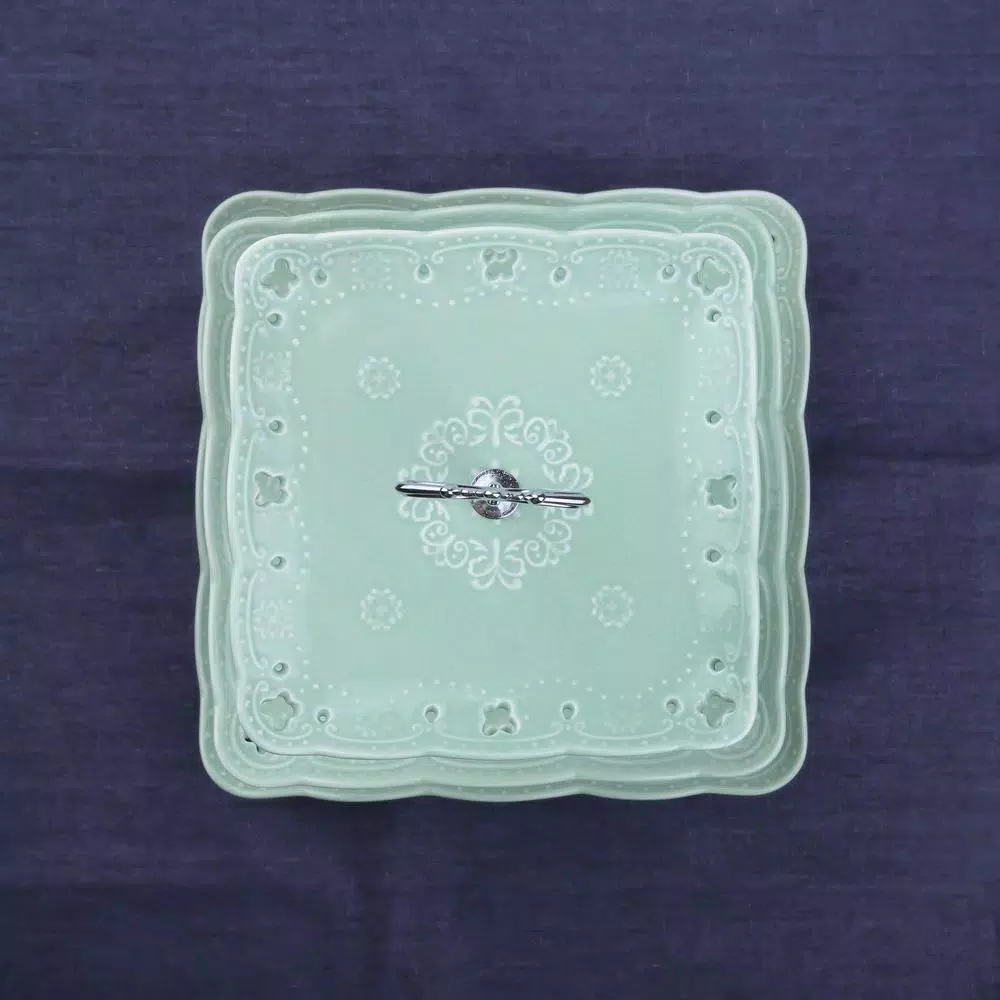 MALACASA 3-Tiered Green Porcelain Square Cupcake Tower Stand - 14.5 in. Dessert Serving Tray