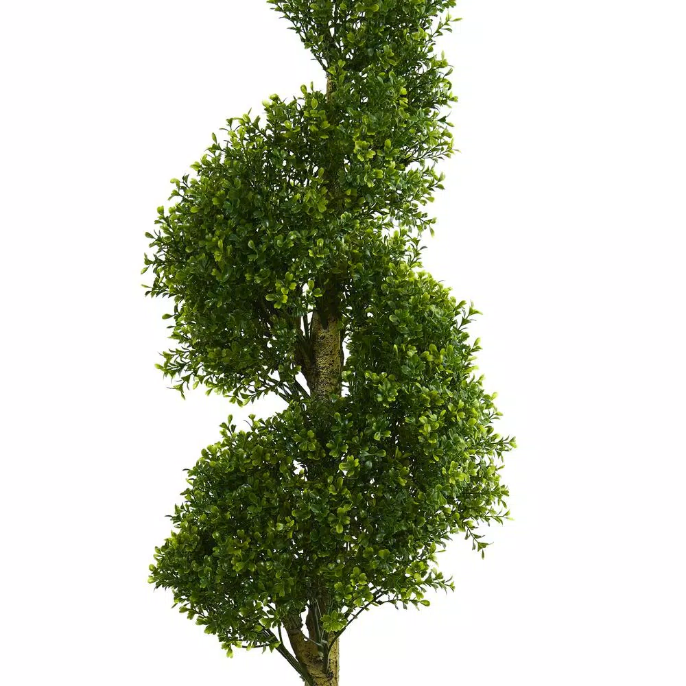 Nearly Natural 5 ft. Artificial Boxwood Spiral Topiary Tree in Slate Planter with River Rocks