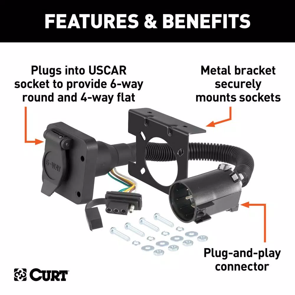 CURT Dual-Output 6-Way Round and 4-Way Flat Trailer Wiring Adapter for USCAR Connectors