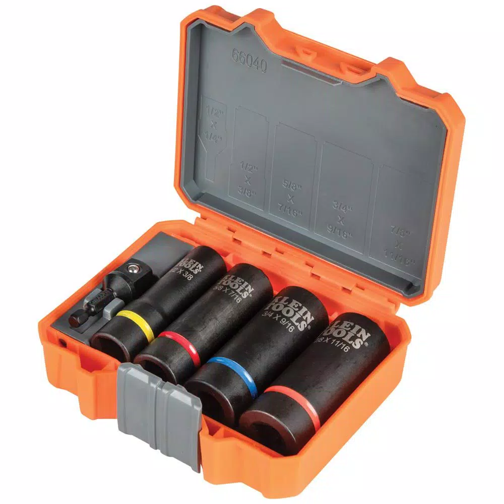 Klein Tools 2-In-1 Impact Socket Set, 5-Piece SAE Socket Set with 1/2 in. Drive and Adapter