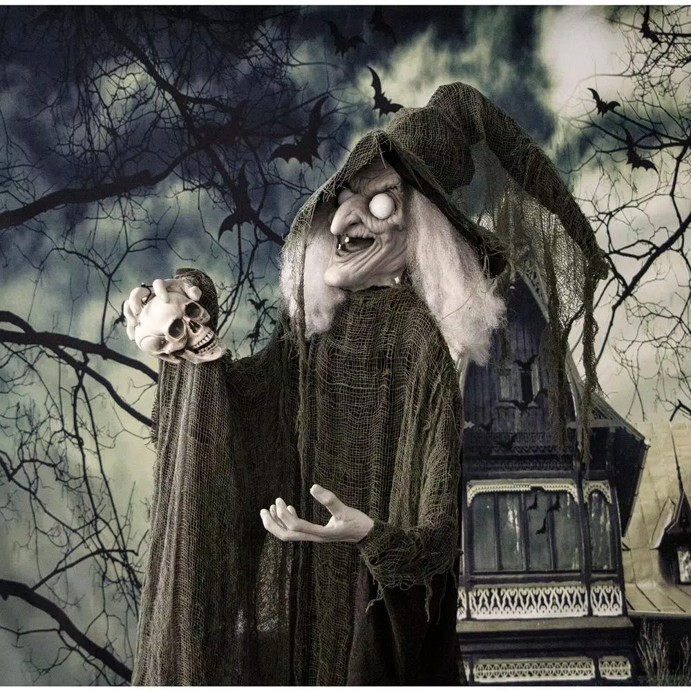 Haunted Hill Farm 6 ft. Animatronic Talking Witch Halloween Prop with Shrunken Skull