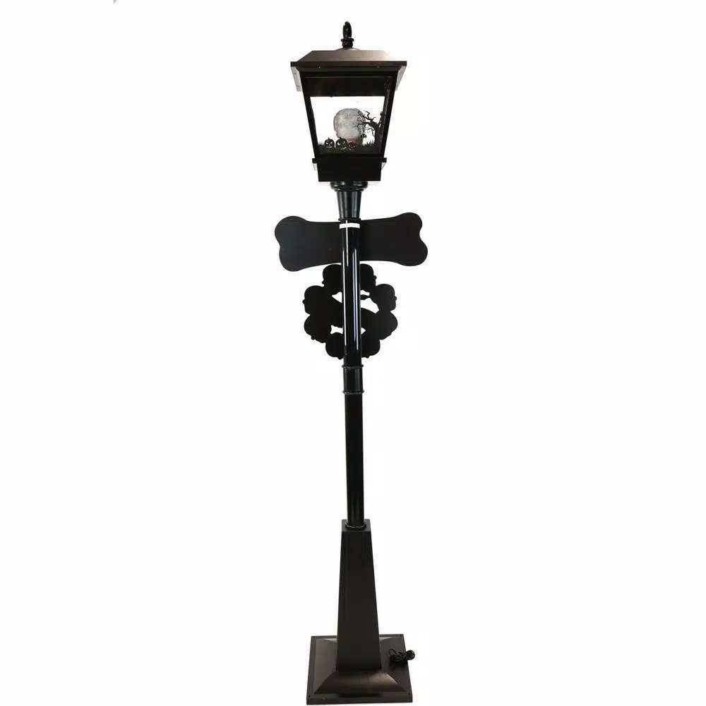 Haunted Hill Farm 71 in. Black Animated Skull Lamp Post with Spooky Music
