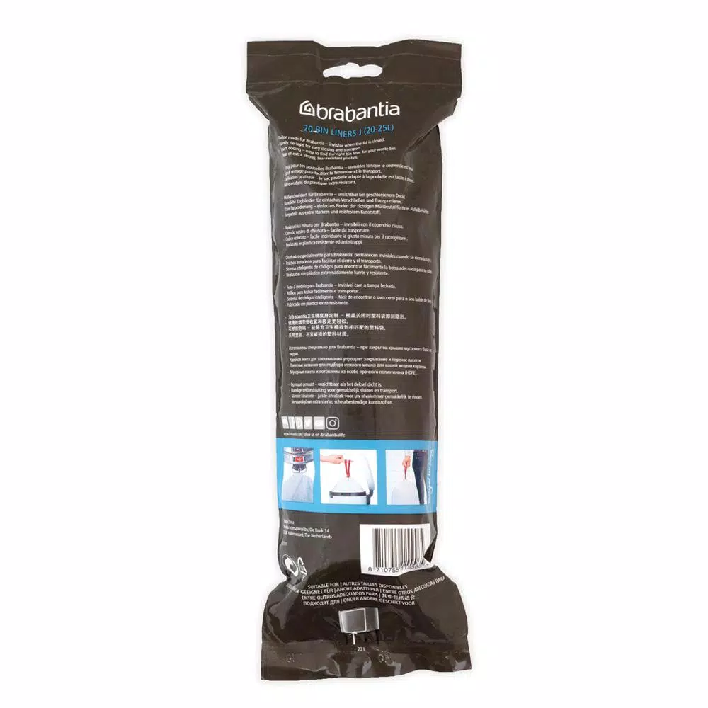Brabantia Code J Trash Can Liners, 5.3 - 6.6 Gal (20-25 L), 240 Count (12 Packs of 20)