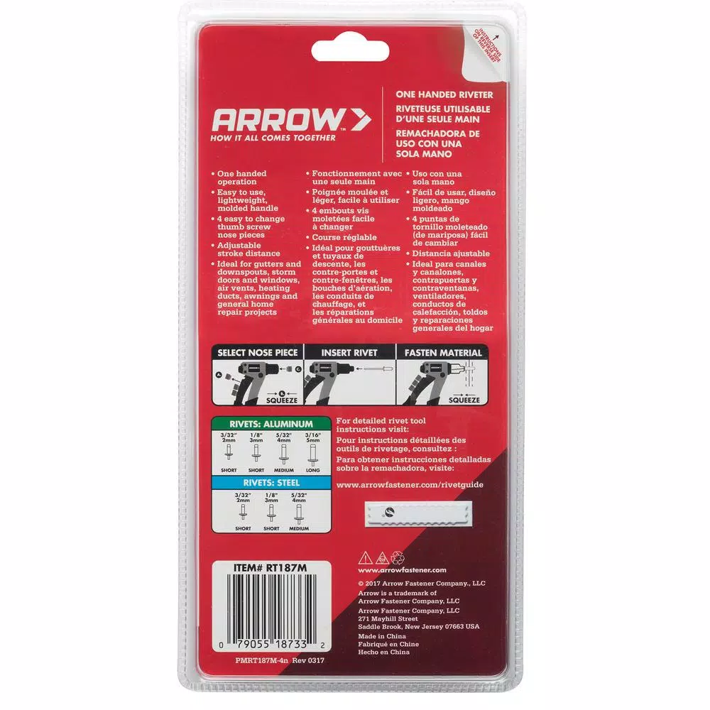 Arrow RT187M Patented One Hand Rivet Tool, Lightweight Steel Construction