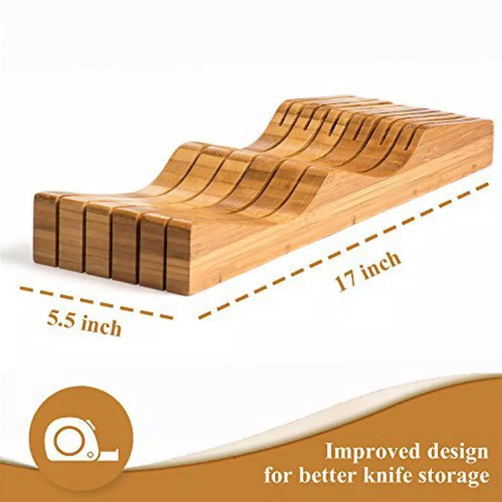 Bambusi Bambsi Bamboo In-Drawer Knife Block Organizer, 15 Slot Wood Knife Storage for Kitchen Drawers