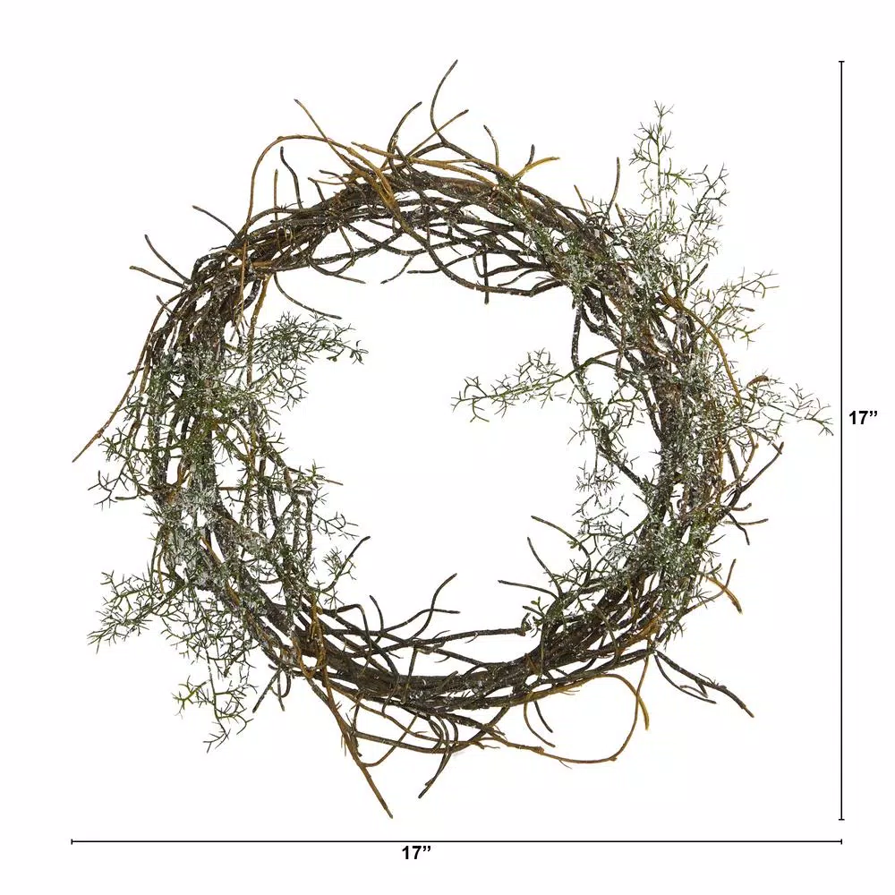 Nearly Natural 17 in. Frosted Twig Wreath with Artificial Grass and Faux Snow