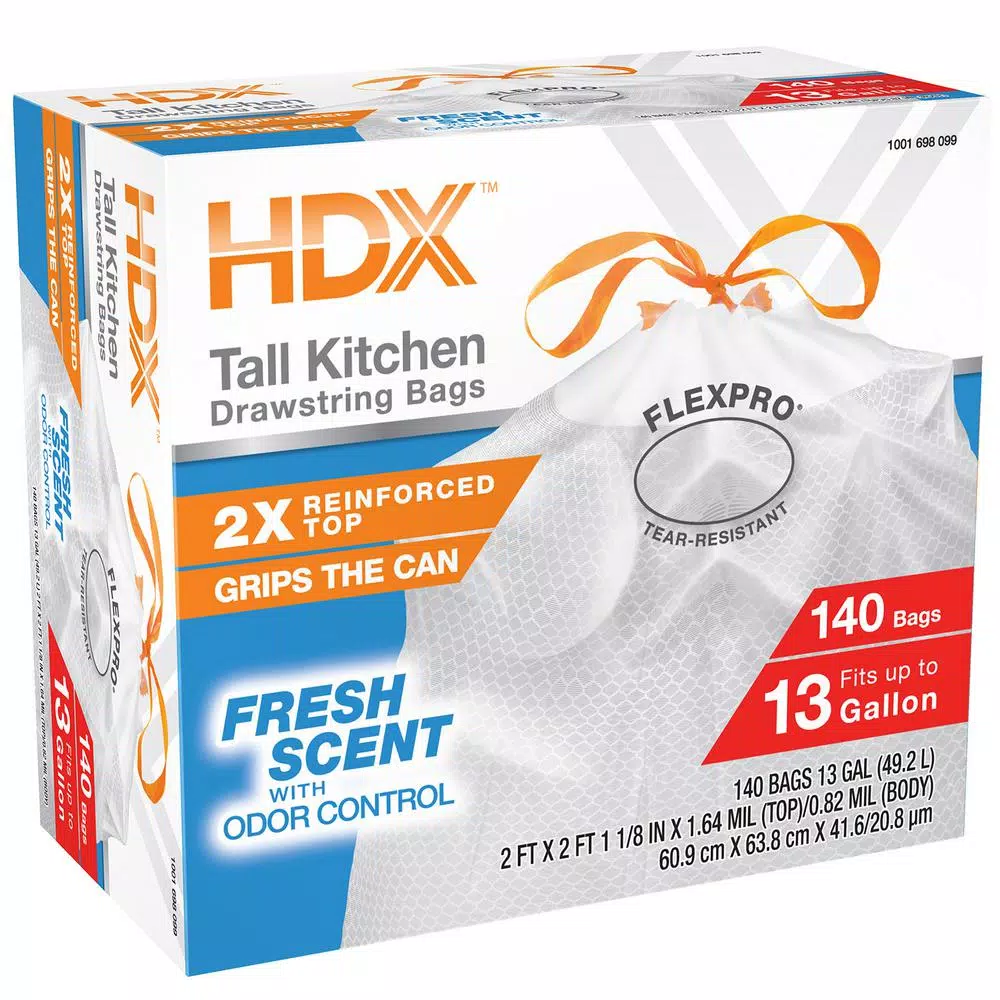 HDX FlexPro 13 Gallon Kitchen Trash Bags with Drawstring, Fresh Scent, 140 Count