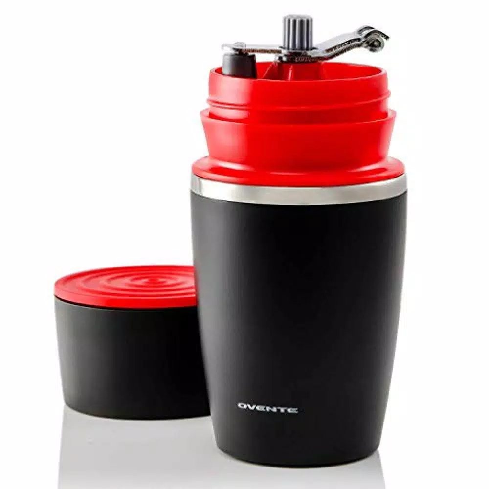 Ovente 2-in-1 Single Serve Coffee Grinder and French Press Maker with Insulated Cup, Red