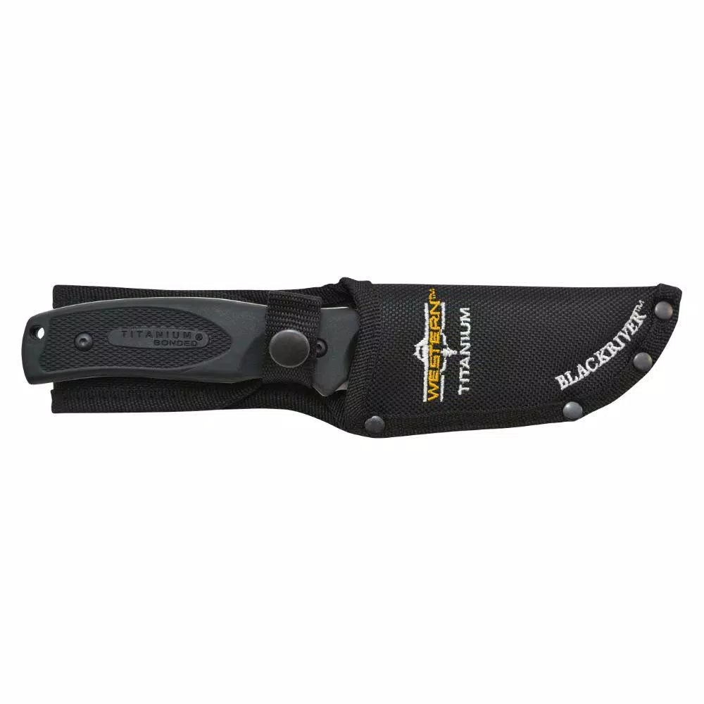 WESTERN BlackRiver 9 in. Titanium Bonded Fixed Blade Knife with 3.75 in. Drop Point Blade and Nylon Sheath
