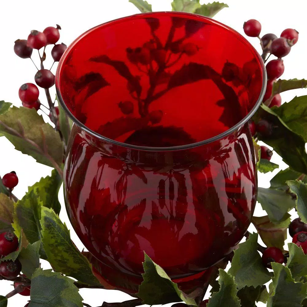 Nearly Natural 6.5 in. Holly Berry Candelabrum - Red and Green Holiday Tabletop Decor