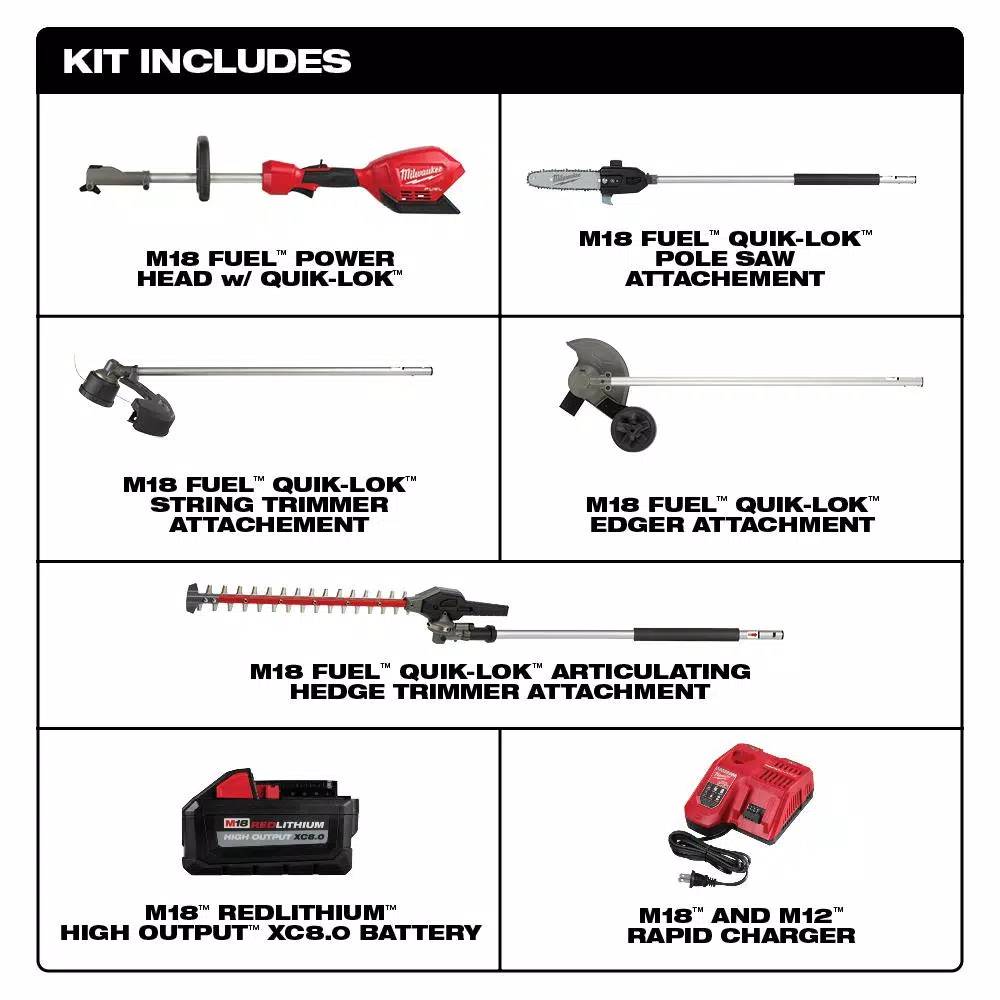 Milwaukee M18 FUEL 18V Cordless Brushless String Trimmer Combo Kit with QUIK-LOK Pole Saw, Hedge Trimmer & Edger