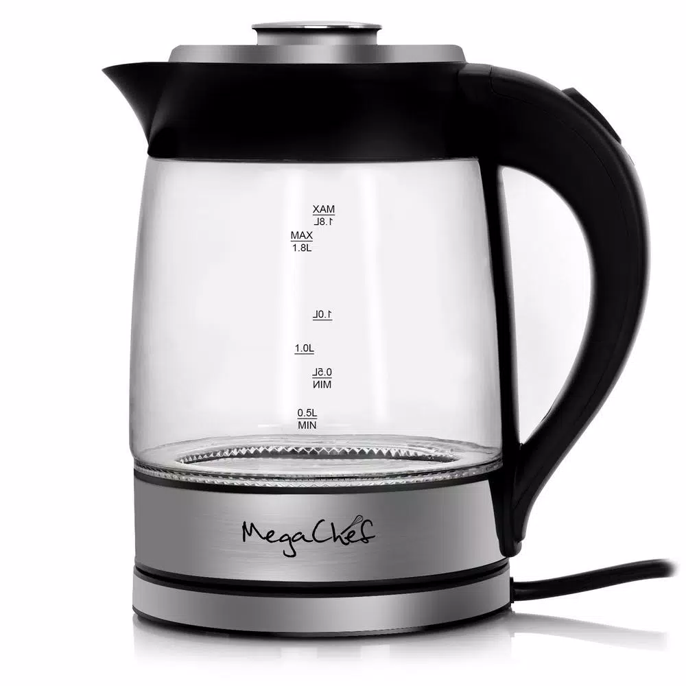 MegaChef 1.8L Cordless Glass and Stainless Steel Electric Tea Kettle with LED Base