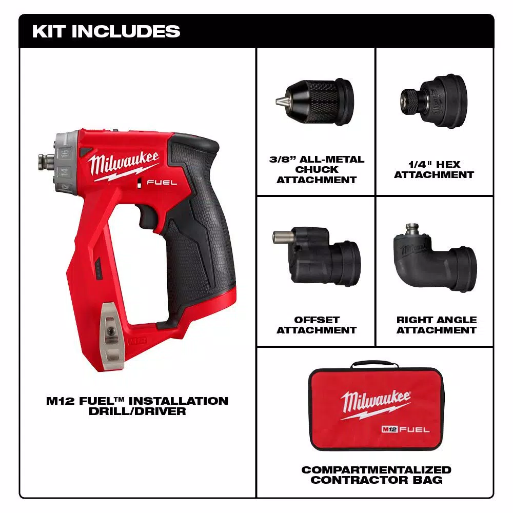 Milwaukee M12 FUEL 12V Brushless 4-in-1 Installation Drill Driver with 4 Tool Heads (Tool-Only)