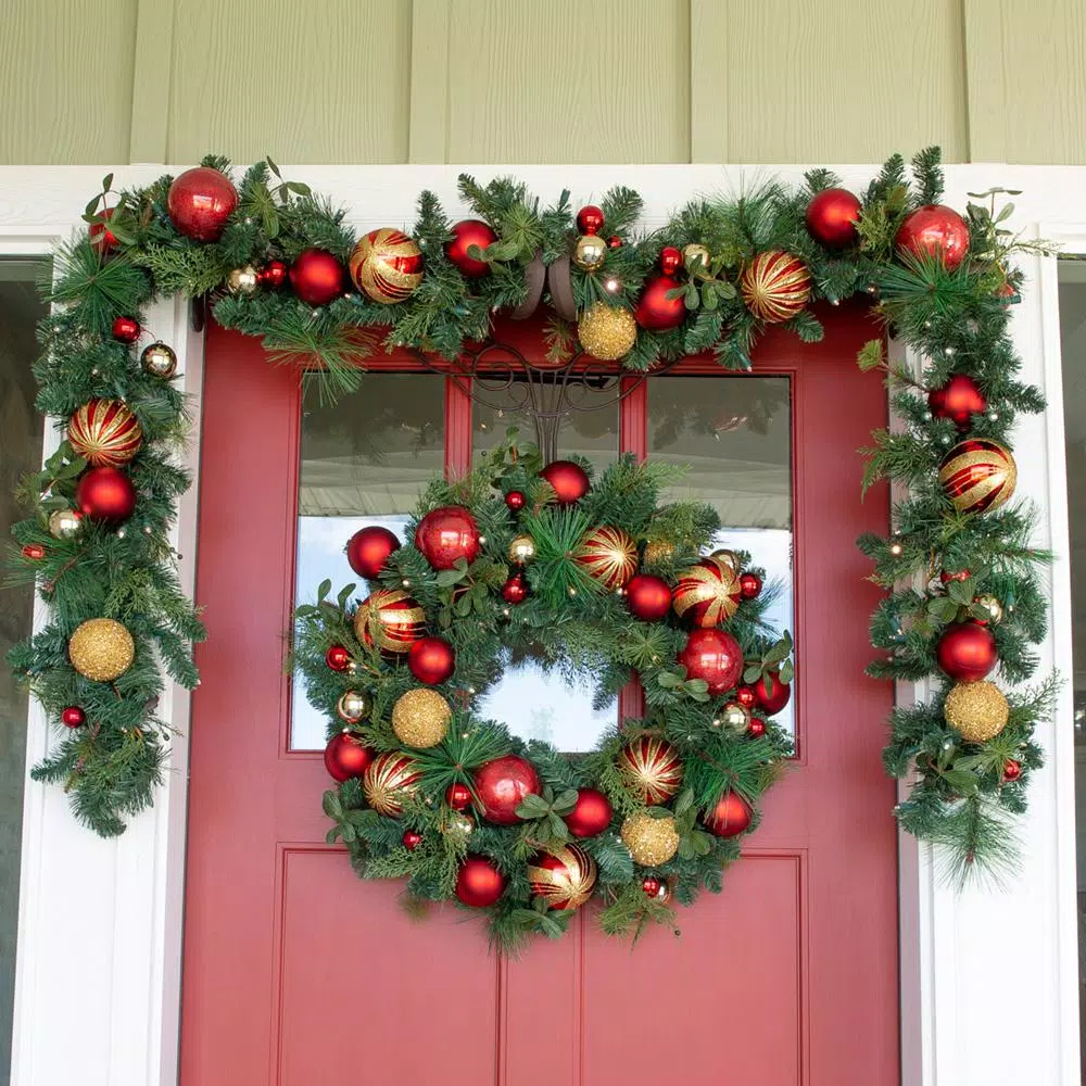 Village Lighting Company 9 ft. Pre-Lit LED Christmas Classic Garland with Red and Gold Ornaments