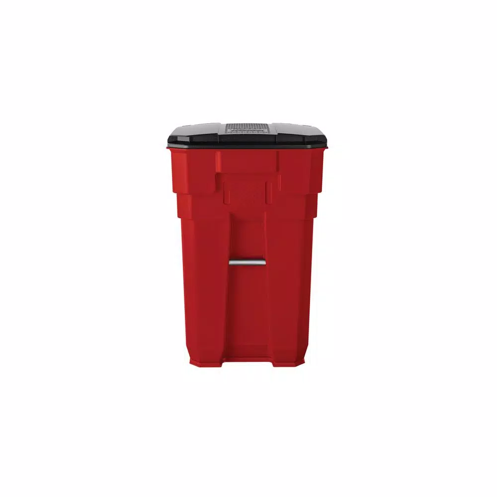 Suncast Commercial Suncast 65 Gallon Commercial Red Plastic Trash Can with Wheels and Attached Lid