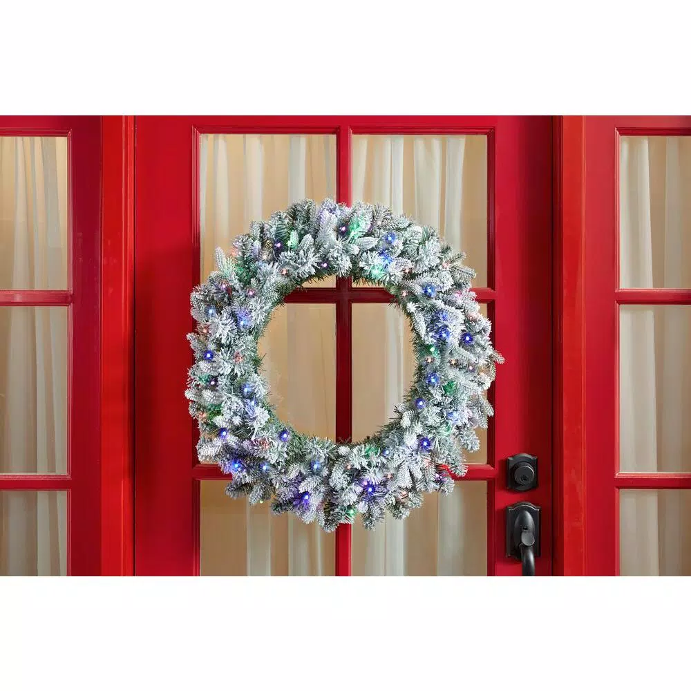 Home Accents Holiday Home Holiday Accents 30 in. Flocked Pine LED Prelit Wreath with 50 Warm White Lights and Timer