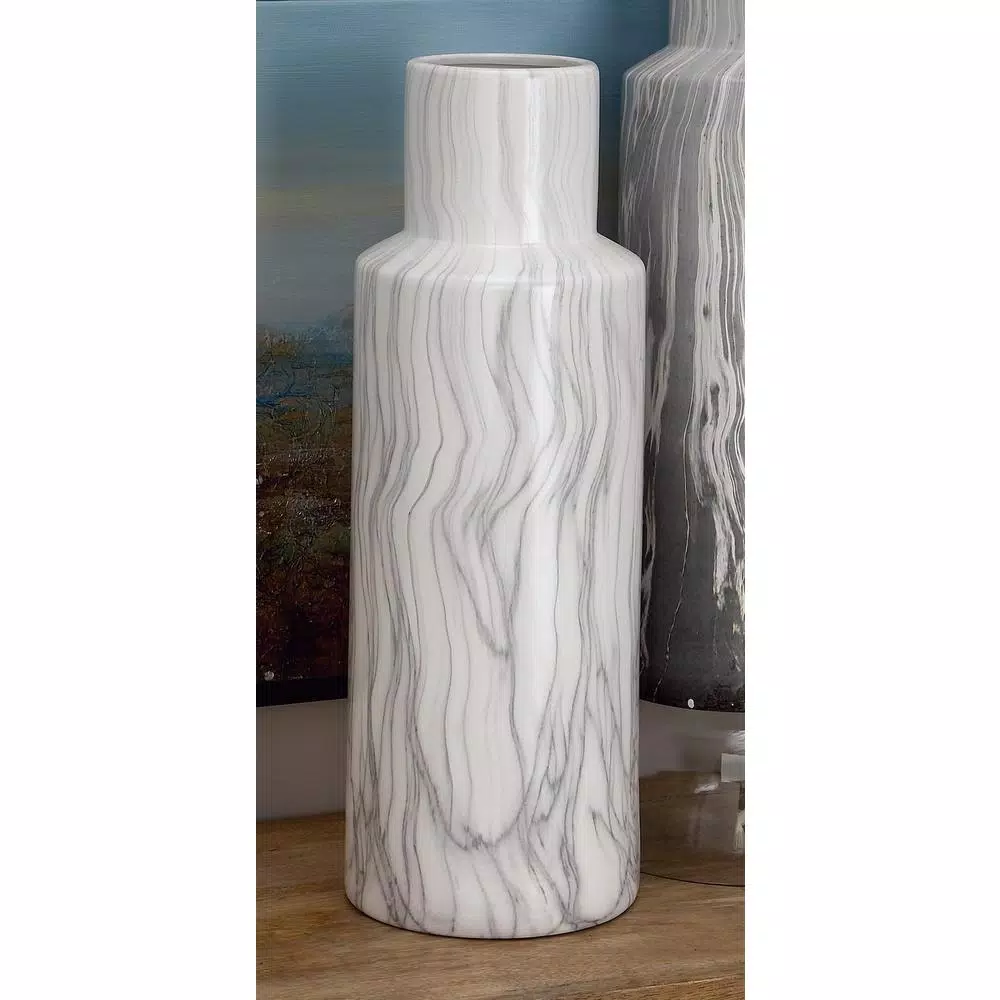 LITTON LANE 21 in. Classic Marble Cylinder White Ceramic Decorative Vase with Gray Veining