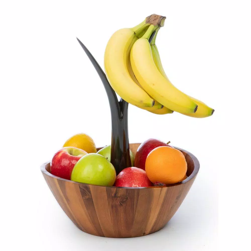 Casa Bellante 12 in. Acacia Wood Fruit Bowl with Removable Banana Stem