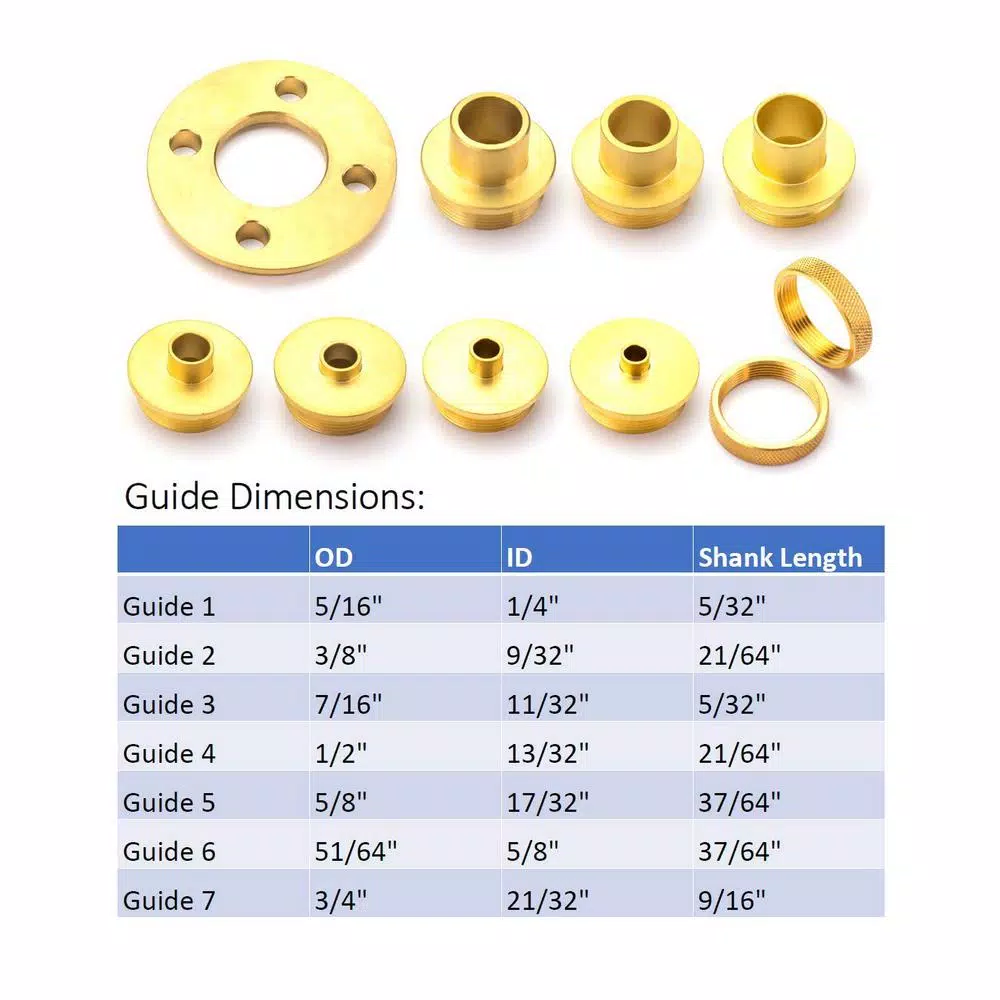 POWERTEC 10-Piece Solid Brass Router Template Guide Bushing Kit with Adaptor