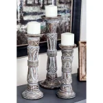 LITTON LANE Rustic Brown Carved Mango Wood Candle Holder Set of 3 with Tribal Engraved Patterns thumbnail 1