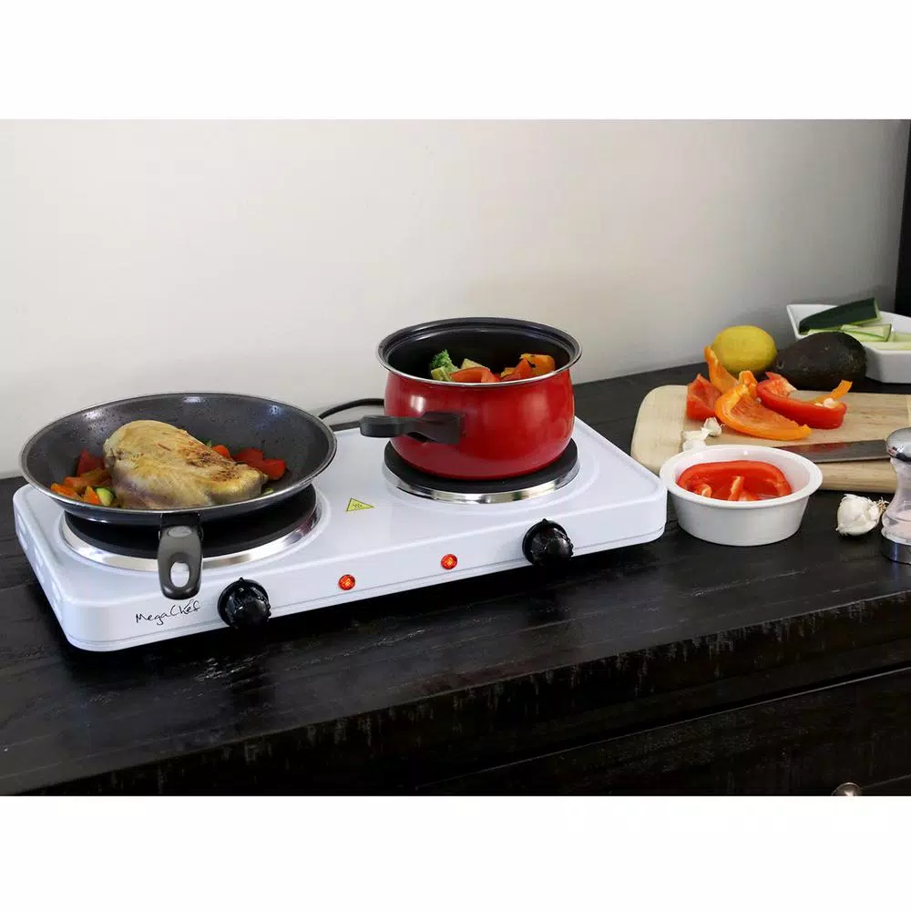 MegaChef 2-Burner Portable Electric Hot Plate Cooktop, 1700W, White