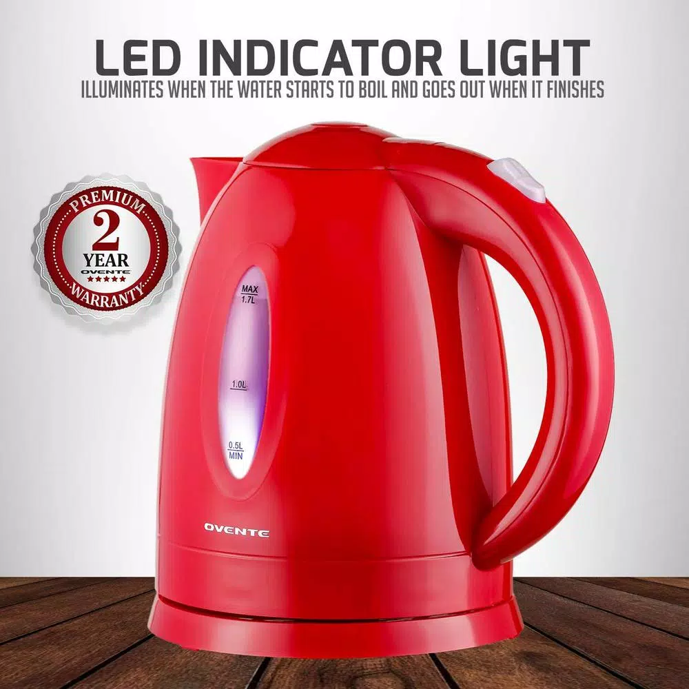 Ovente KP72R 1.7L Electric Kettle, 1100W Fast Boiling Water Kettle with Auto Shut-Off, Red