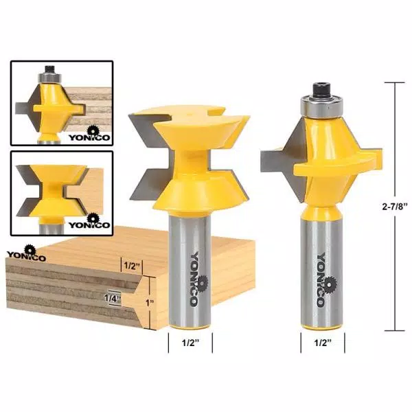 Yonico Carbide Tipped Tongue and Groove Edge Banding Router Bit Set, 1/2 in. Shank, 2-Piece