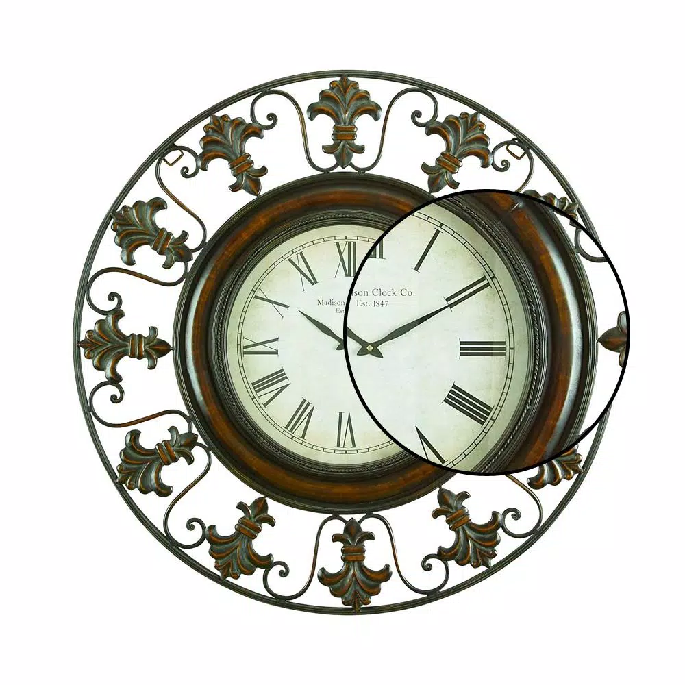 LITTON LANE 38 in. Traditional Fleur-De-Lis Iron Wall Clock - Distressed Bronze Finish