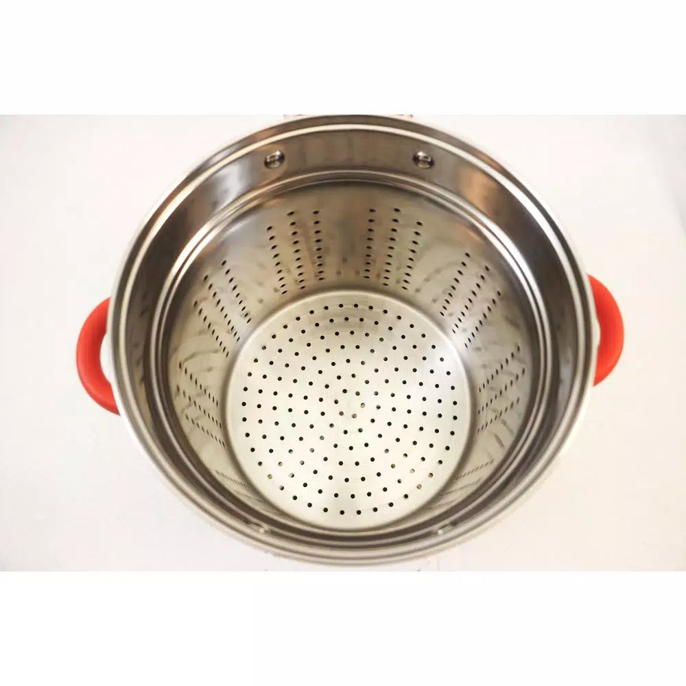 ExcelSteel 12 Qt. Stainless Steel Multi-Cooker Pasta Pot Set with Steamer Insert and Red Silicone Handles