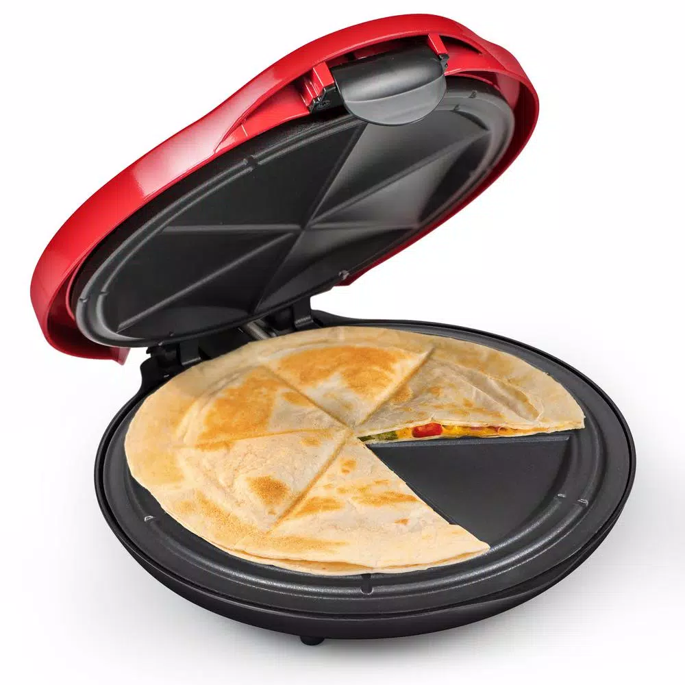 Nostalgia 900W Red Quesadilla Maker with Extra Stuffing Latch and Non-Stick Cooking Surface