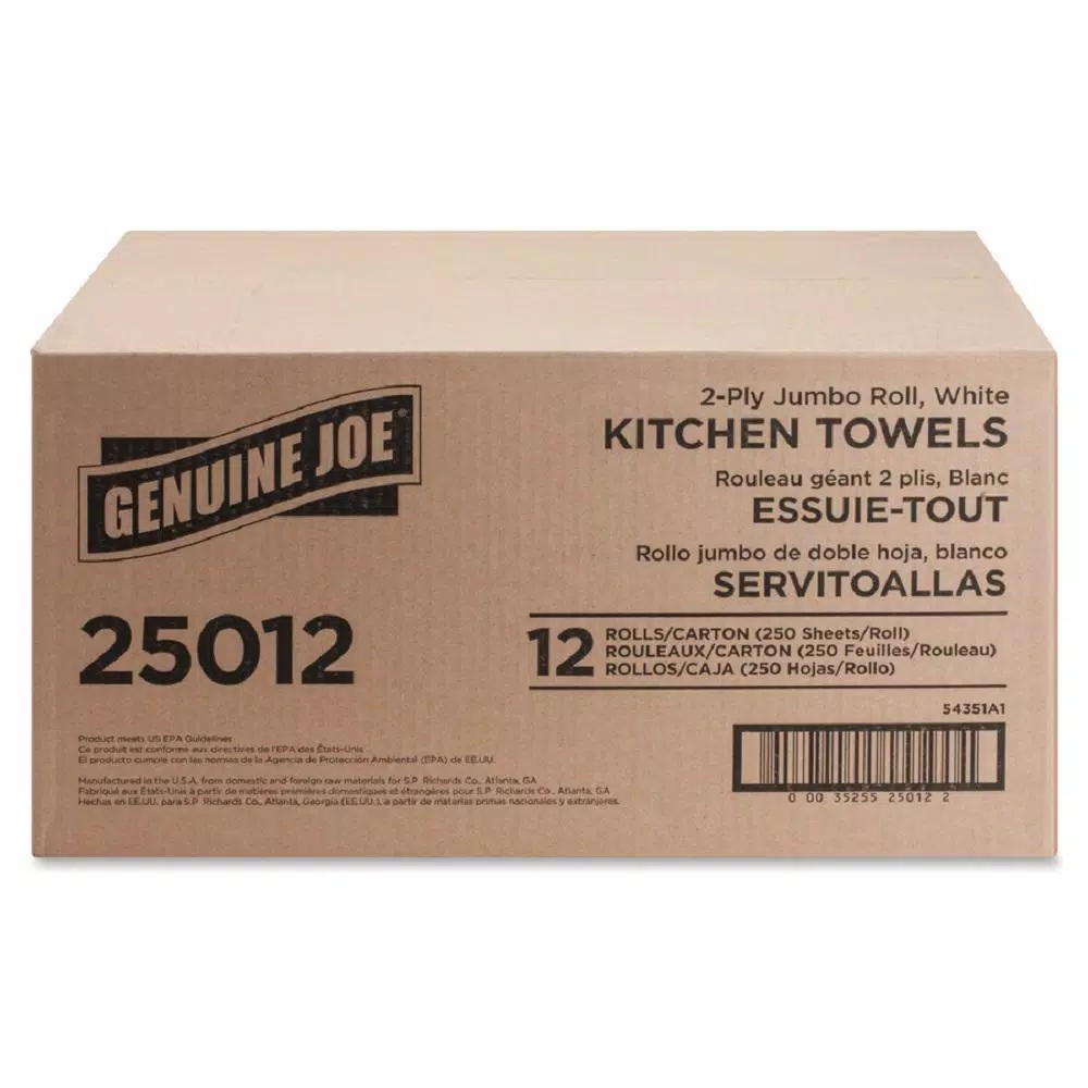 Genuine Joe White Perforated Roll Towels, 2-Ply, 250 Sheets per Roll, 12 Rolls per Carton