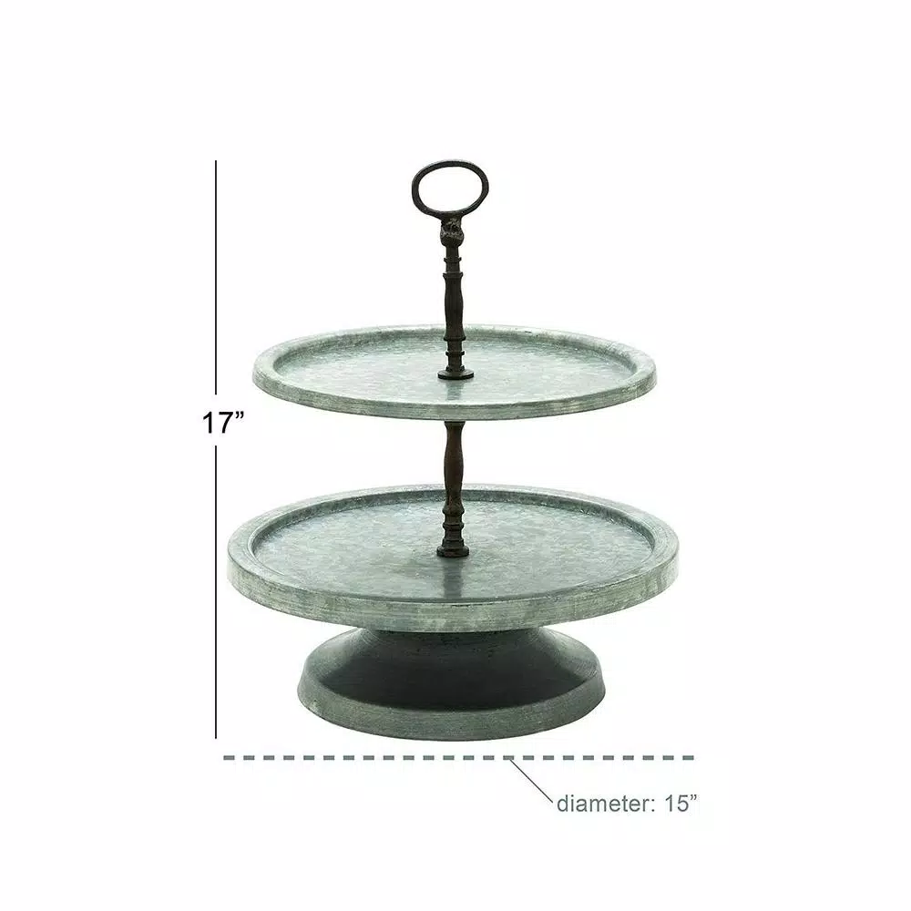Benzara Modern 2-Tier Metal Serving Tray Stand with Handle, Galvanized Round Trays