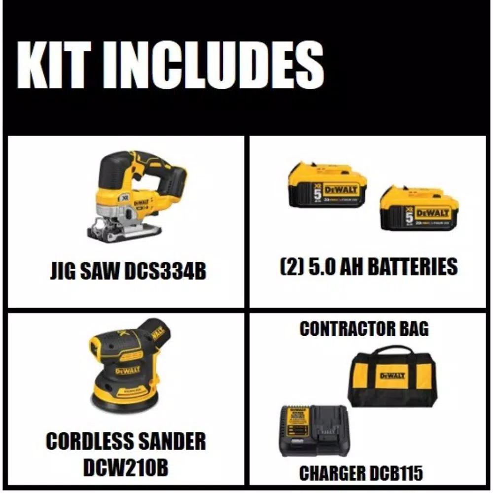 DEWALT 20V MAX XR Brushless Jigsaw & 5 in. Random Orbital Sander Kit with (2) 5.0Ah Batteries