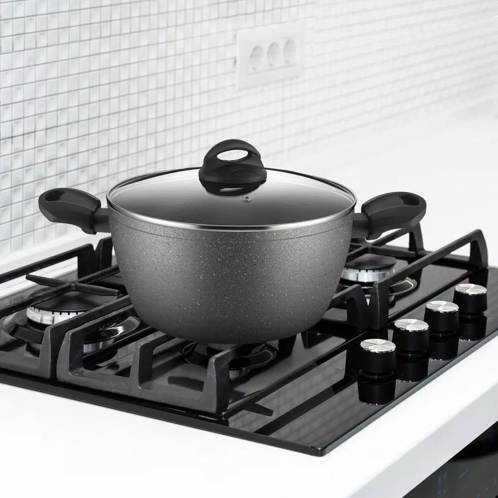AMERCOOK Lava Stone 5 qt. Aluminum Nonstick Casserole Dish with Glass Lid, Gray