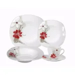 Lorren Home Trends 16-Piece Square Porcelain Dinnerware Set, Red and Tan Floral Design, Service for 4 thumbnail 1