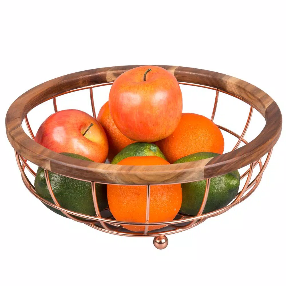 Creative Home Deluxe Acacia Wood and Copper Plated Iron Wire Fruit Basket Bowl
