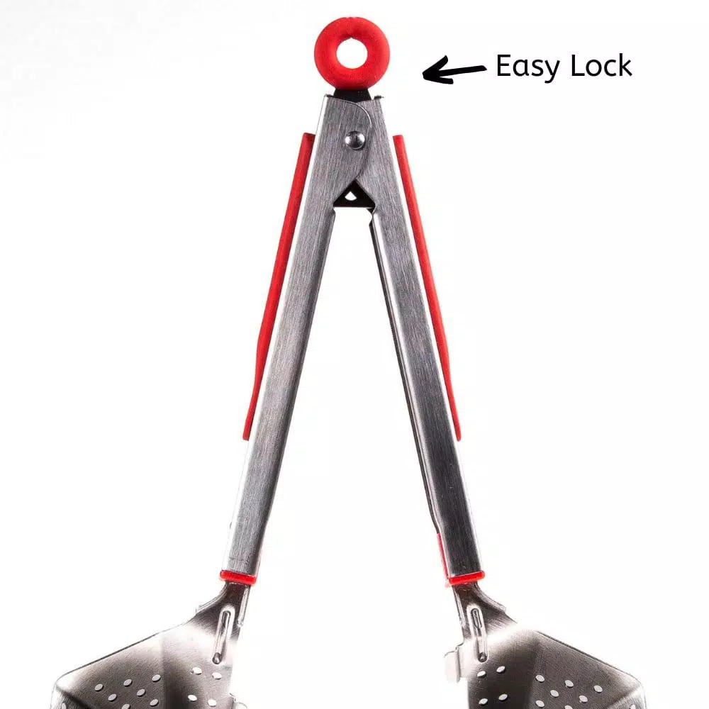 Chefright QuickScoop Red Colander Tongs with Soft Grips, Brushed Stainless Steel (Set of 2)