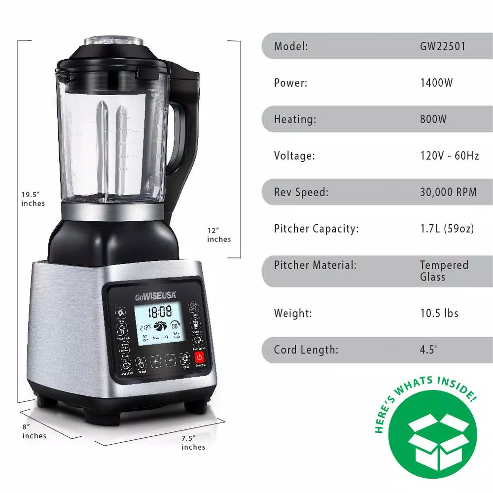 GoWISE USA Professional Heating Blender, 1400W High-Speed 8-Speed Glass Pitcher Blender with 59 oz. Capacity