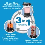 Hamilton Beach MultiBlend 950W 6-Speed Blender System with 52 oz. Glass Jar, Food Chopper, and Travel Jar thumbnail 4