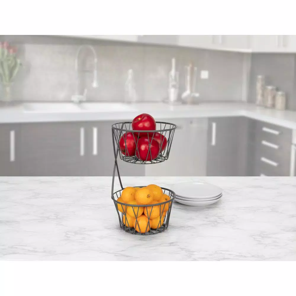 Spectrum Paxton 2-Tier Steel Fruit Basket Server, Industrial Gray