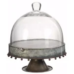 Benjara Gray Metal Pedestal Cake Stand with Glass Dome Cover thumbnail 1