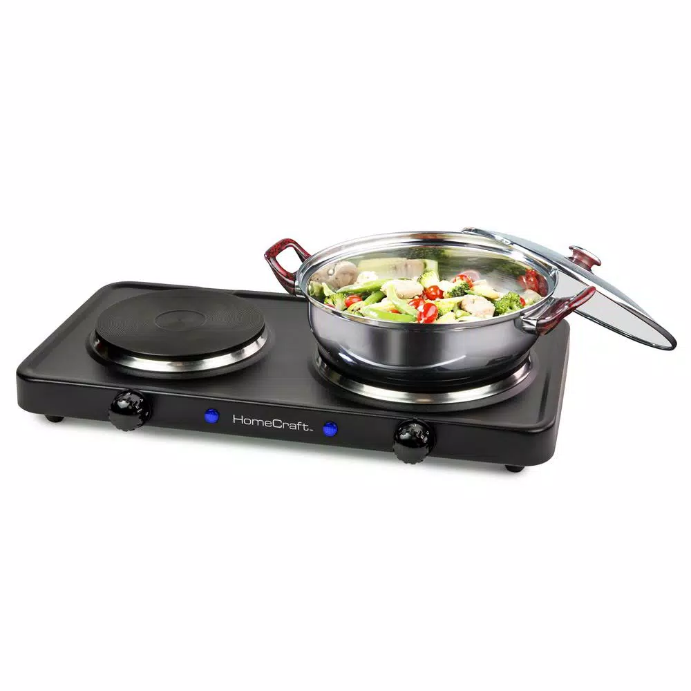 HomeCraft 2-Burner Portable Hot Plate, 1500W Dual Burner Electric Cooktop, Black